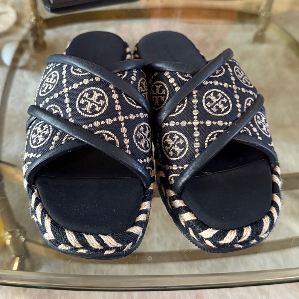 Tory Burch T Monogram Cross Espadrille Slide Sandal, Perfect Navy 7 $228